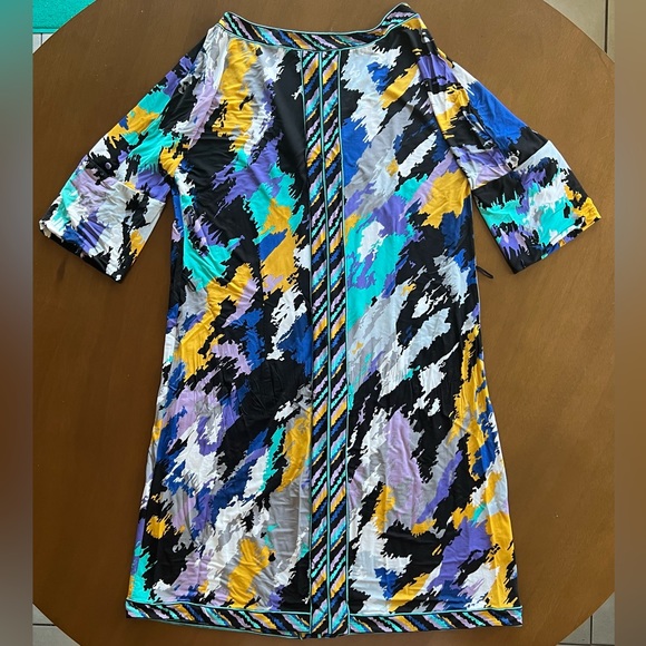 ☎️ BCBG MAX AZRIA Multicolor Watercolor Paint Splatter Adjustable Sleeve Dress - Picture 2 of 9